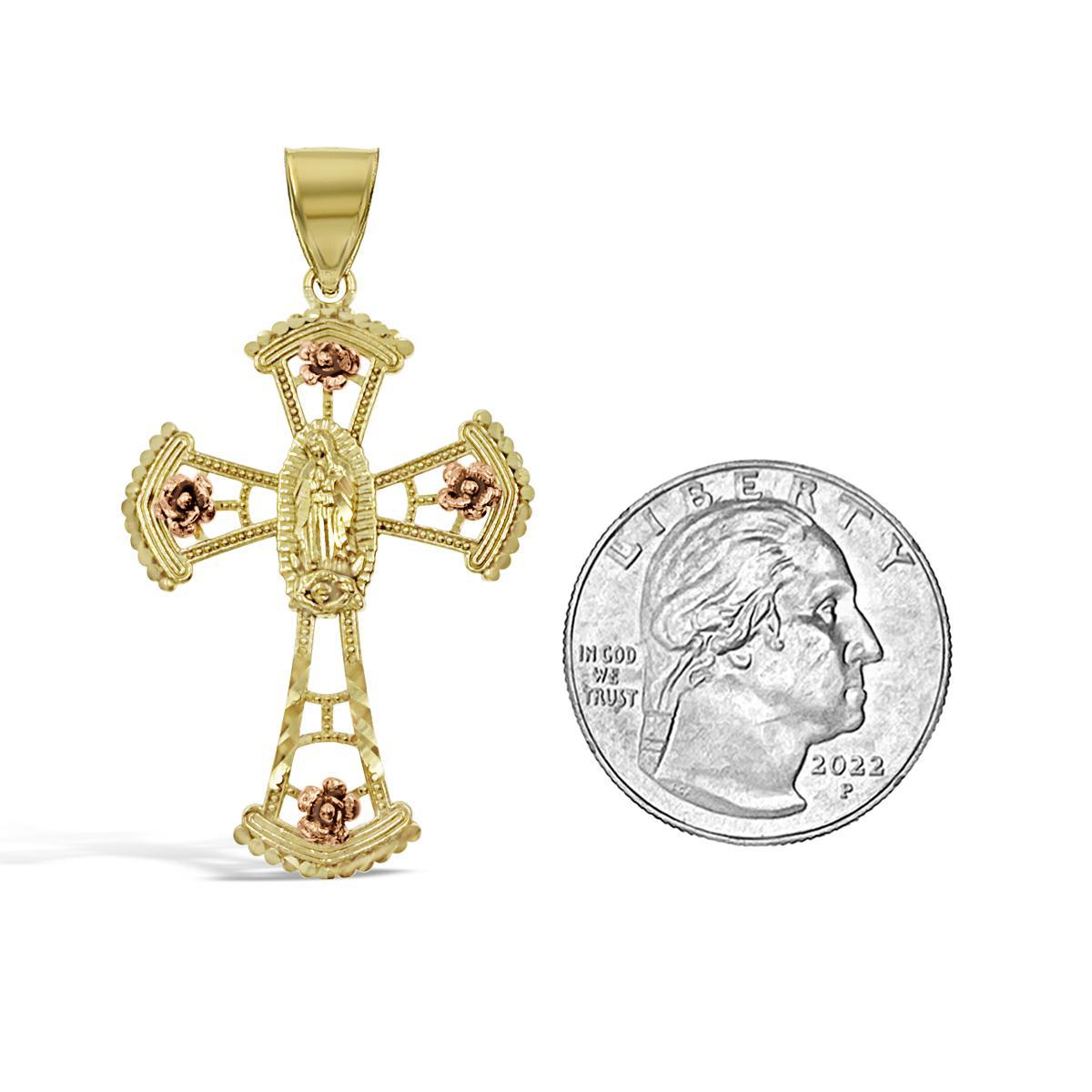 Virgin Mary Cross Pendant 10K Yellow Rose Gold Religious Charm 1.8 inch
