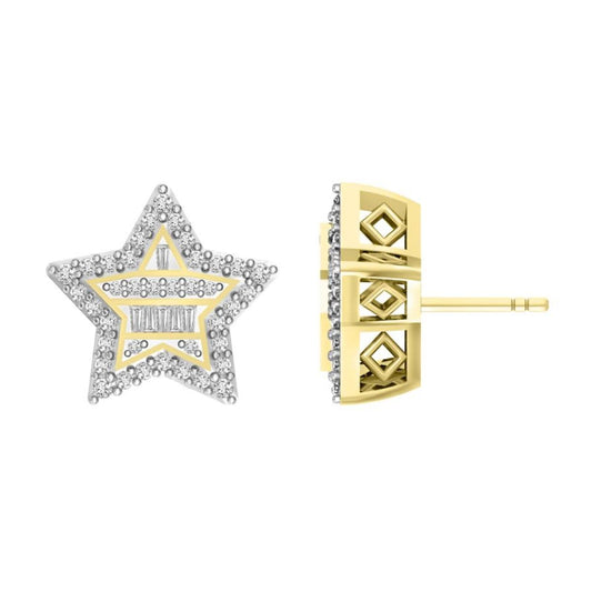 Diamond Round /Baguette Star Stud Earrings 10k Yellow Gold 0.50cttw