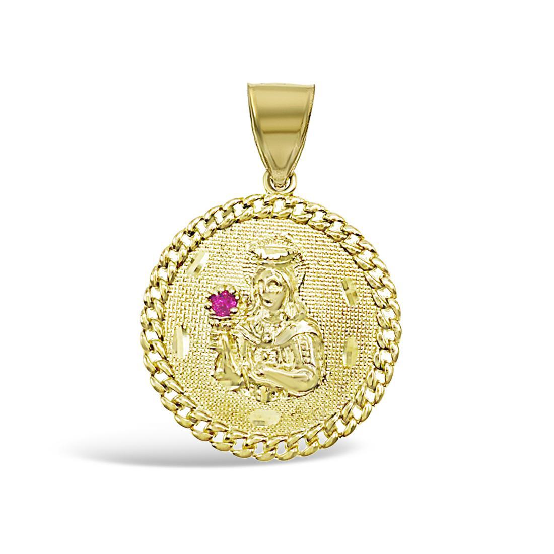 10K Gold Saint Barbara Medallion Mens Pendant Charm Simulated Ruby 1.6 inch