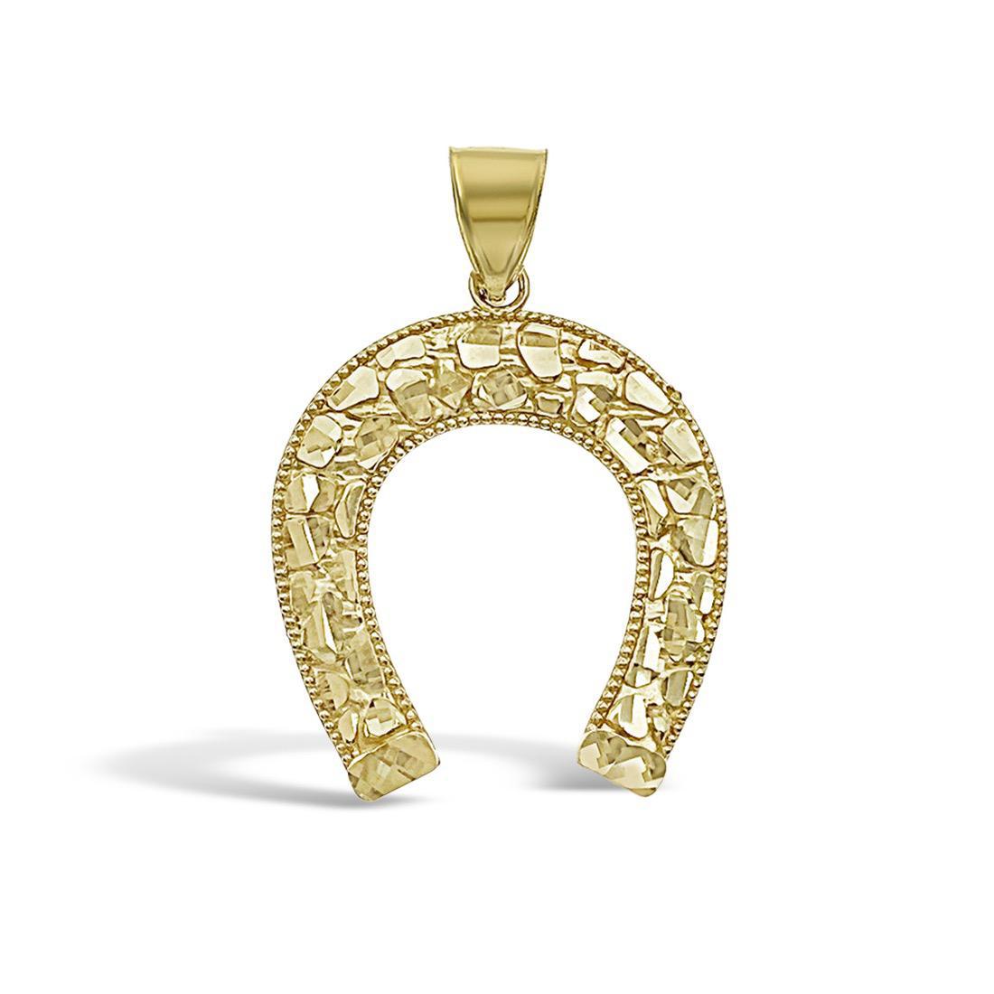 10k Yellow Gold Nugget Lucky Horseshoe Pendant Charm 1.3"