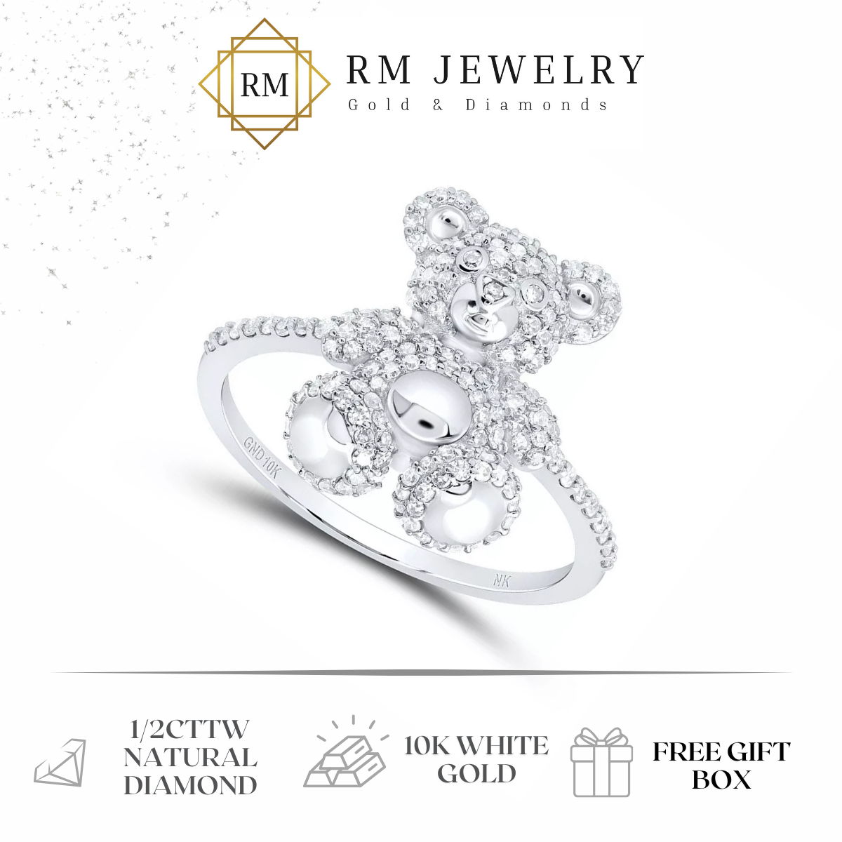 1/2ctw Dia0.50ctw Diamond Teddy Bear Womens Ring 10k White Goldmond Ring 10k Gold 181797