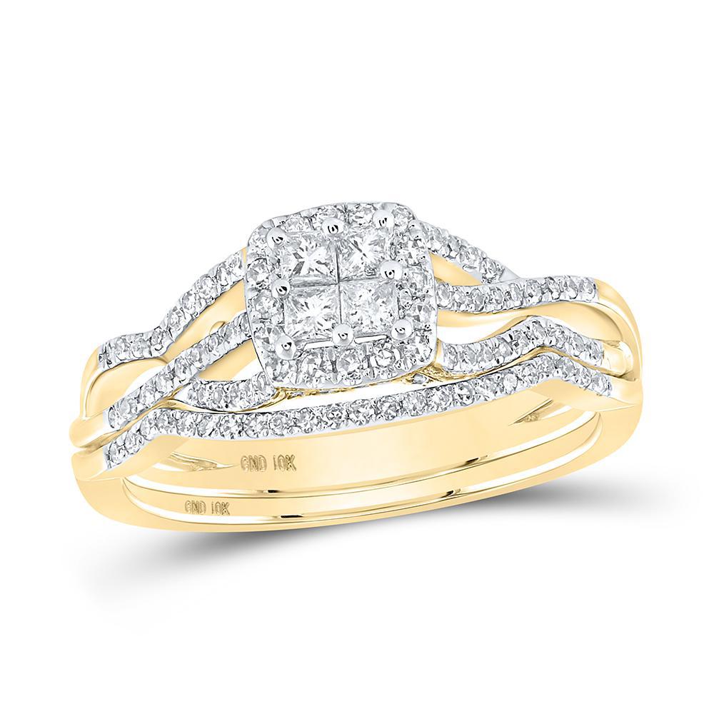 0.52Ctw Princess Round Diamond Square Bridal Wedding Ring Set 10k Yellow Gold