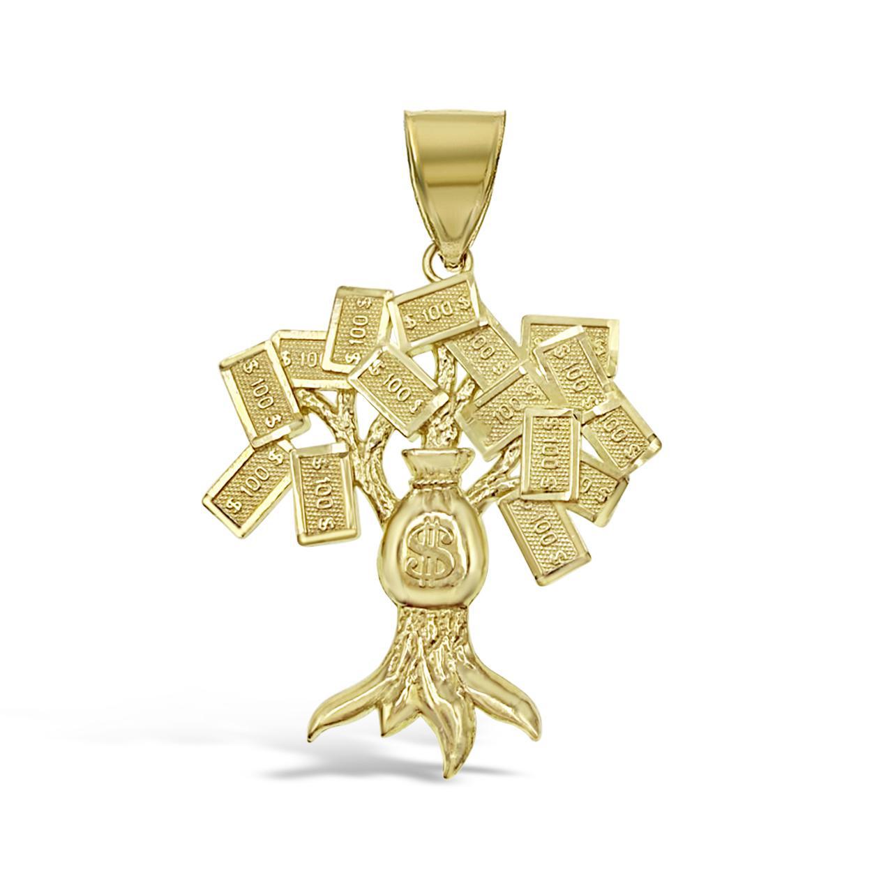 10K Yellow Gold Money Tree Pendant Mens Wealth Charm