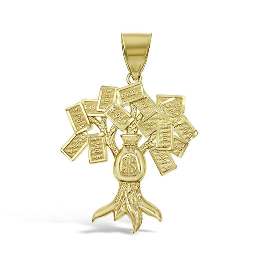 10K Yellow Gold Money Tree Pendant Mens Wealth Charm