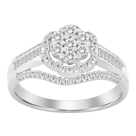 0.50 Cttw Baguette Diamond Flower Cluster Engagement Ring 10k White Gold
