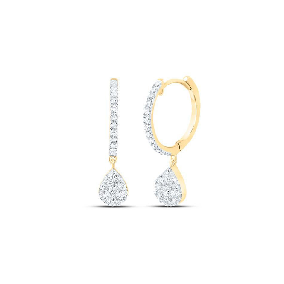 Diamond Hoop Teardrop Dangle Earrings 10k Yellow Gold 3/8cttw Round Womens