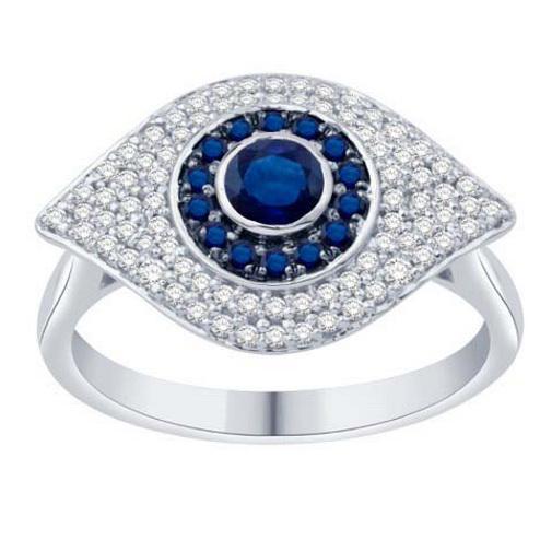 0.69cttw Diamond Evil Eye Protection Blue Ring 14k White Gold Band