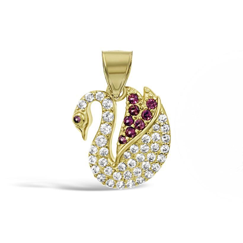 14K Yellow Gold Swan Pendant White & Red CZ Stones Animal Bird Jewelry 0.9 inch