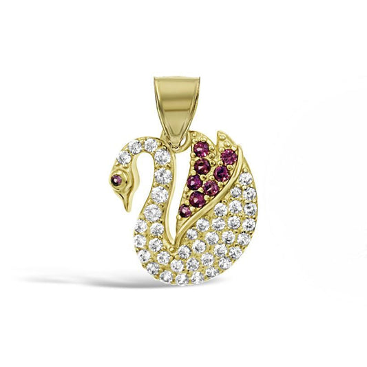 14K Yellow Gold Swan Pendant White & Red CZ Stones Animal Bird Jewelry 0.9 inch