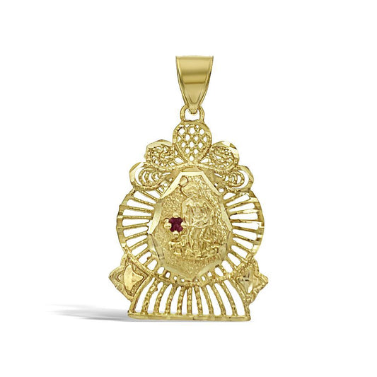 Saint Lazarus Pendant Real 10k Gold Charm Simulated Ruby 1.4"