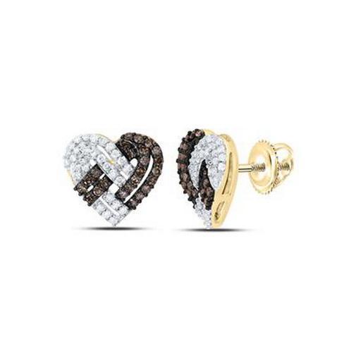 0.50ctw Cognac Diamond Heart Stud Earrings 10K Yellow Gold Screw Back