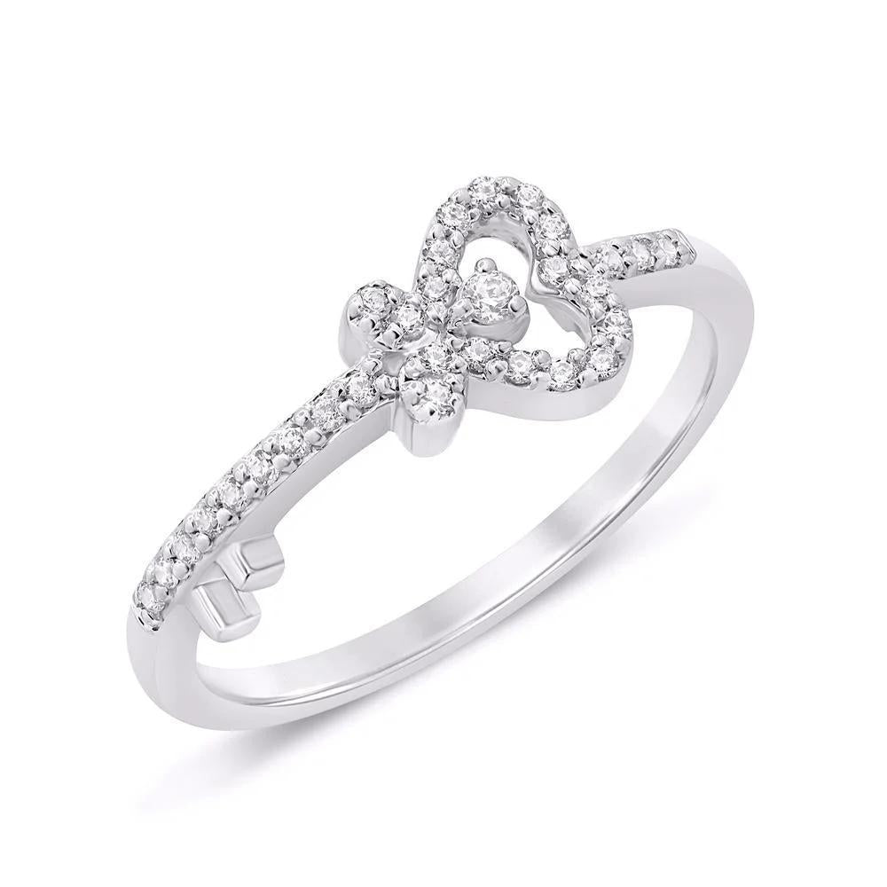 Diamond Heart Key Womens Ring 10K White Gold