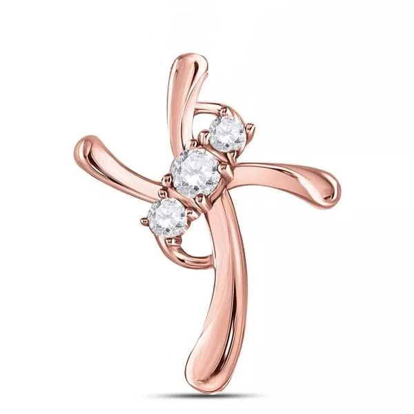 0.14ctw Diamond Three Stone Cross Pendant Charm 14k Rose Gold