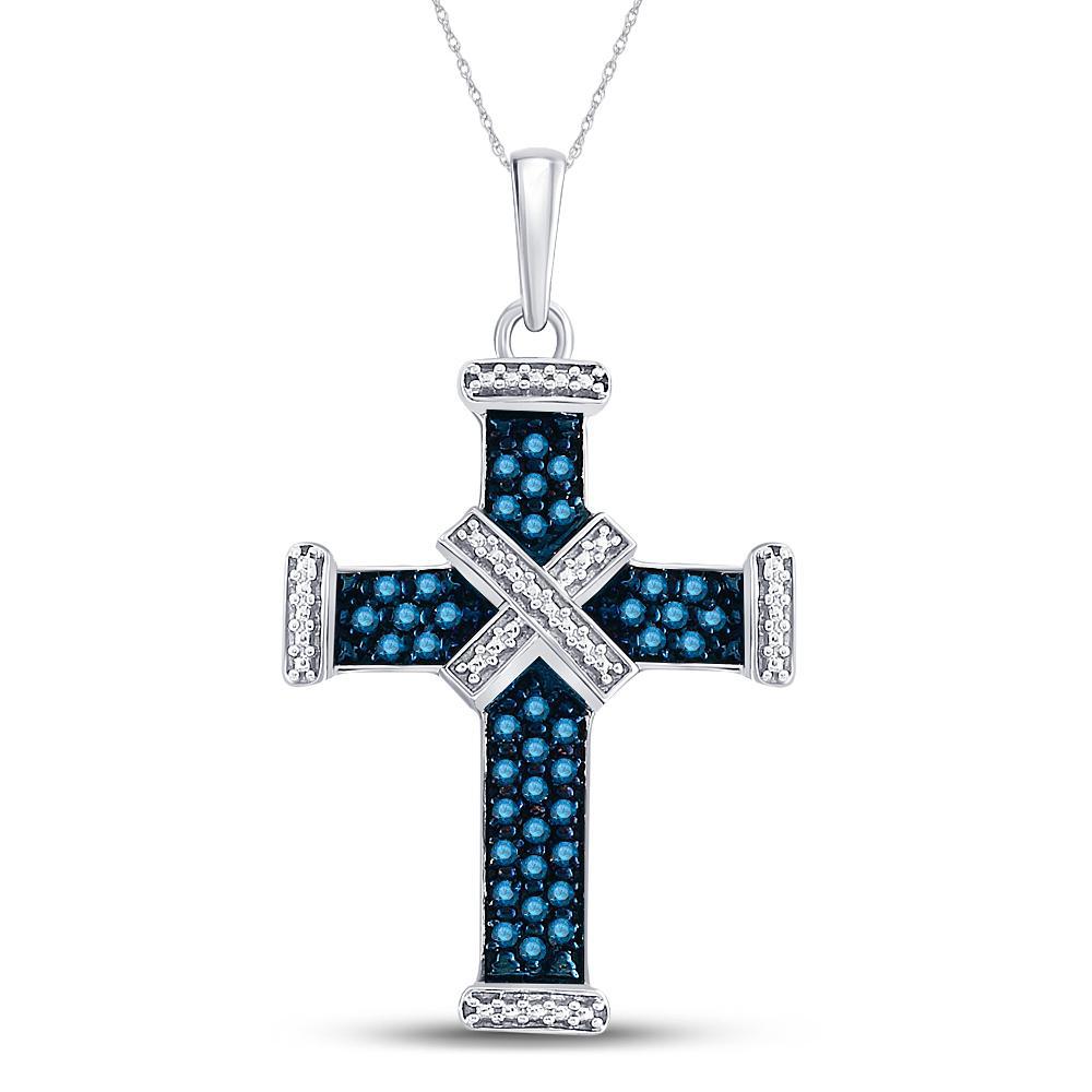 Blue Diamond Cross Mens Pendant Charm 925 Sterling Silver