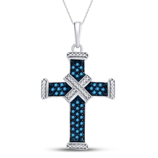 Blue Diamond Cross Mens Pendant Charm 925 Sterling Silver