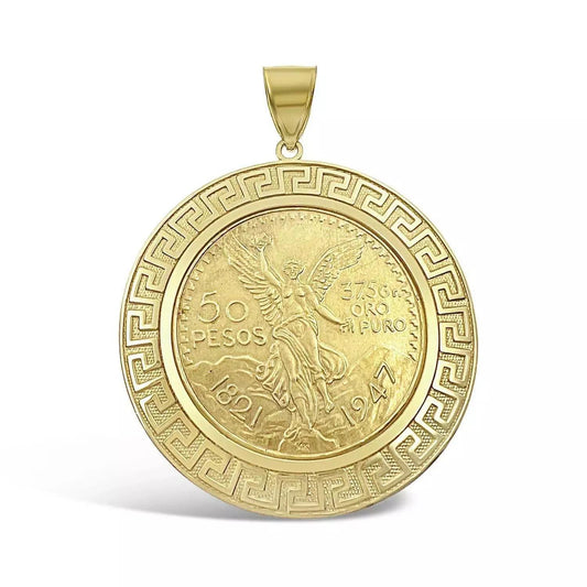 14k Gold Solid Mexican Centenario 50 Pesos 1947 Coin Pendant with Bezel