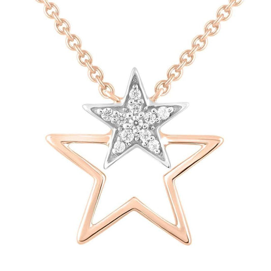 Natural Diamond Double Stars Pendant Necklace 10k Rose Gold Charm 18inch