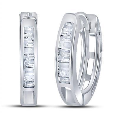 Baguette Diamond Hoop Huggie Womens Earrings 925 Sterling Silver