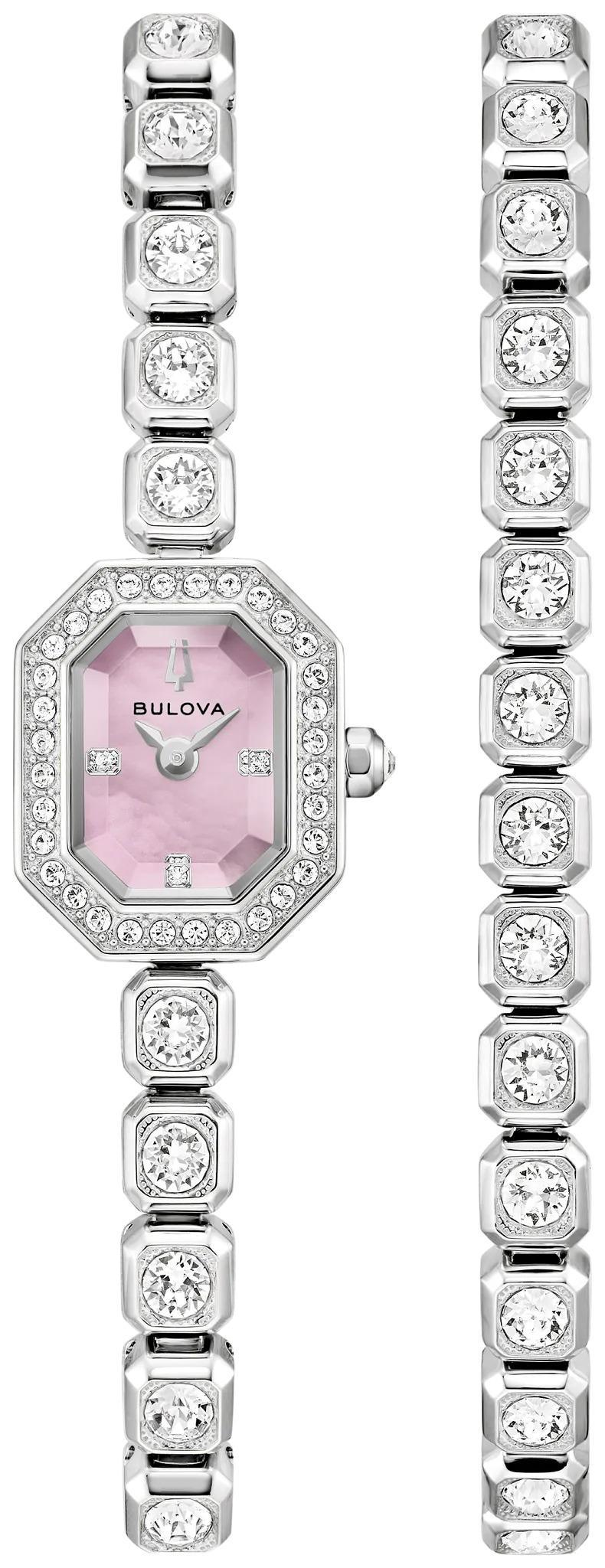 Bulova Crystal Box Set Pink Mother of Pearl Dial Womens Octagon Watch 96X168