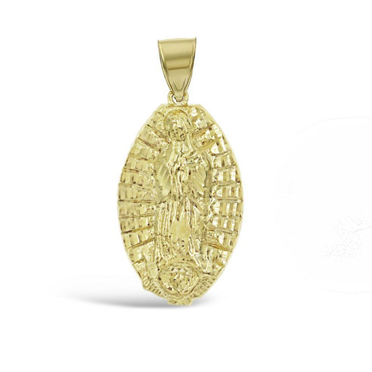 Virgin Mary Pendant Lady Guadalupe Charm 10k Yellow Gold 1.5 inch