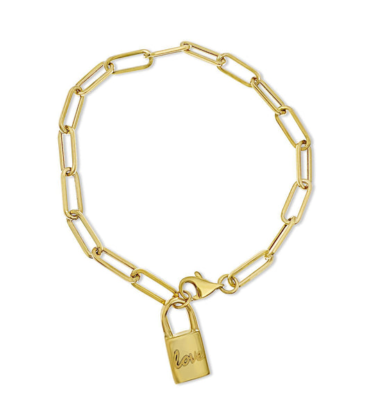 14k Gold Paperclip Chain Bracelet Charm Lock Love 7.5 inch
