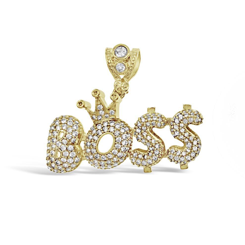 14K Yellow Gold Boss Crown Pendant With CZ Iced Charm