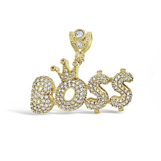 14K Yellow Gold Boss Crown Pendant With CZ Iced Charm