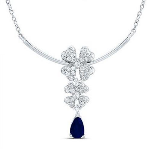 Natural Sapphire Blue Pear & Diamond Flower Clover Necklace 14k White Gold 18 in