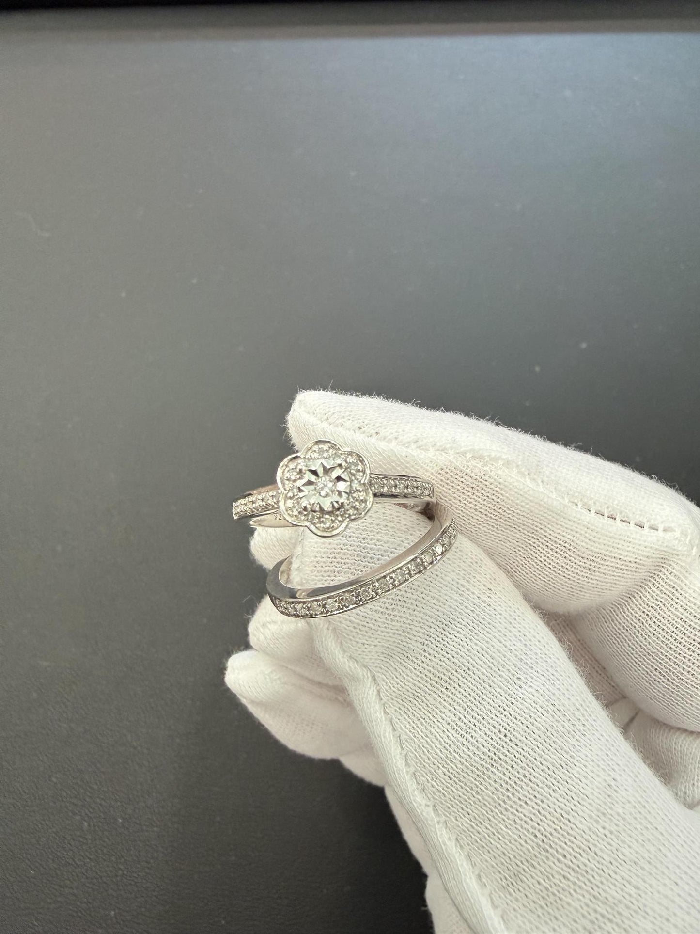 0.25ctw Diamond Bridal Set Flower Halo Engagement Ring 925 Sterling Silver