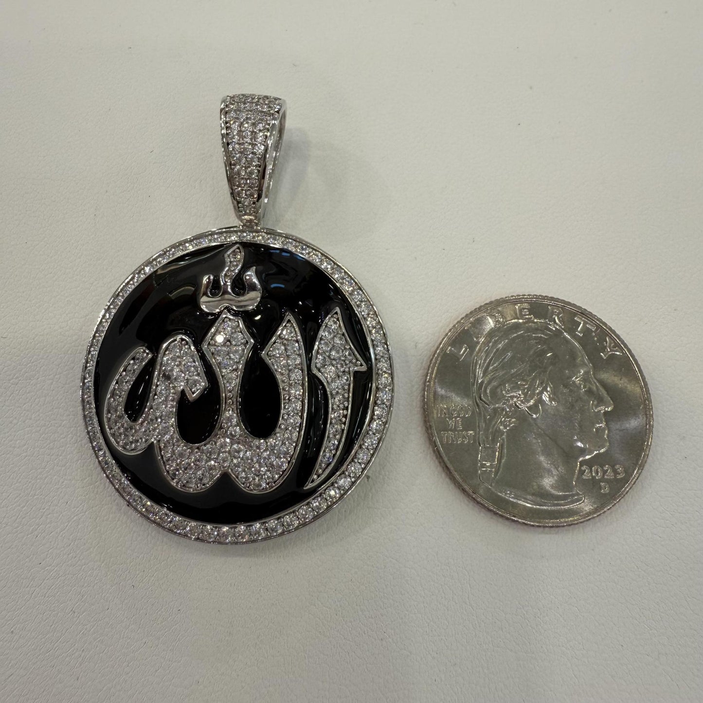 Allah Muslim Charm Black Enamel 925 Sterling Silver Pendant Cz 1.9"