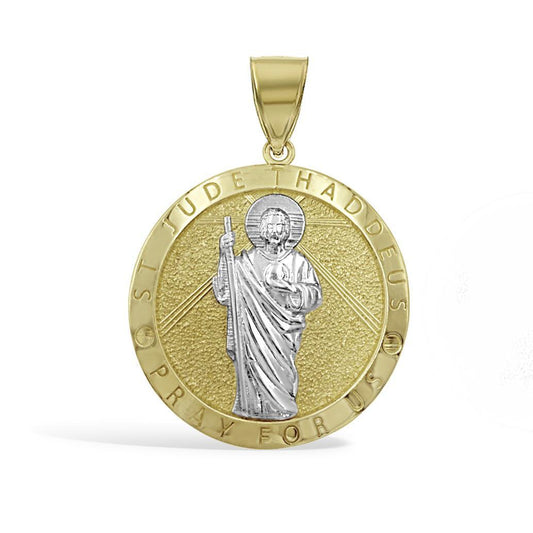 Saint Jude Thaddeus Pendant Round Charm 10k Yellow White Gold 1.9 inch