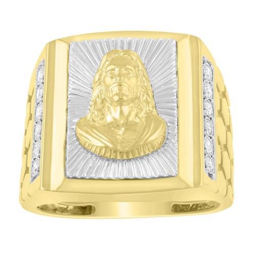 0.25cttw Diamond Rectangle Jesus Signet Mens Ring Band 10k Two-tone Gold