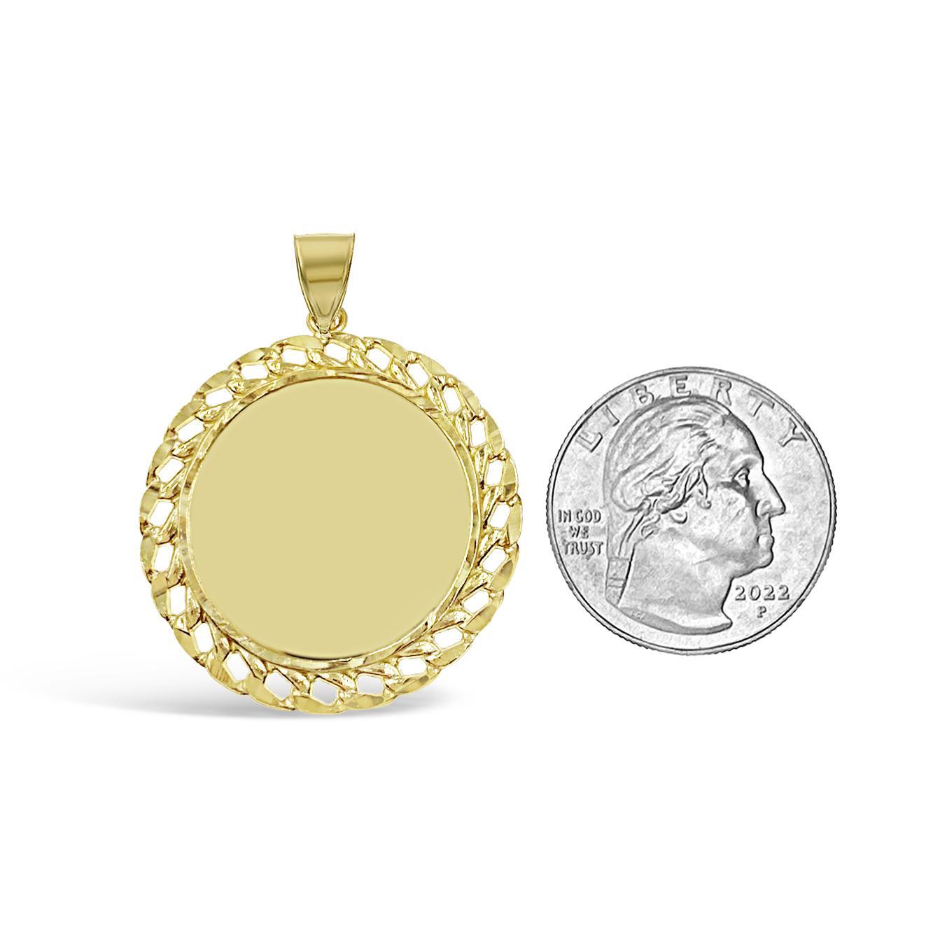 10K Yellow Gold Round Memory Picture Photo Frame Pendant Cuban Link Bezel