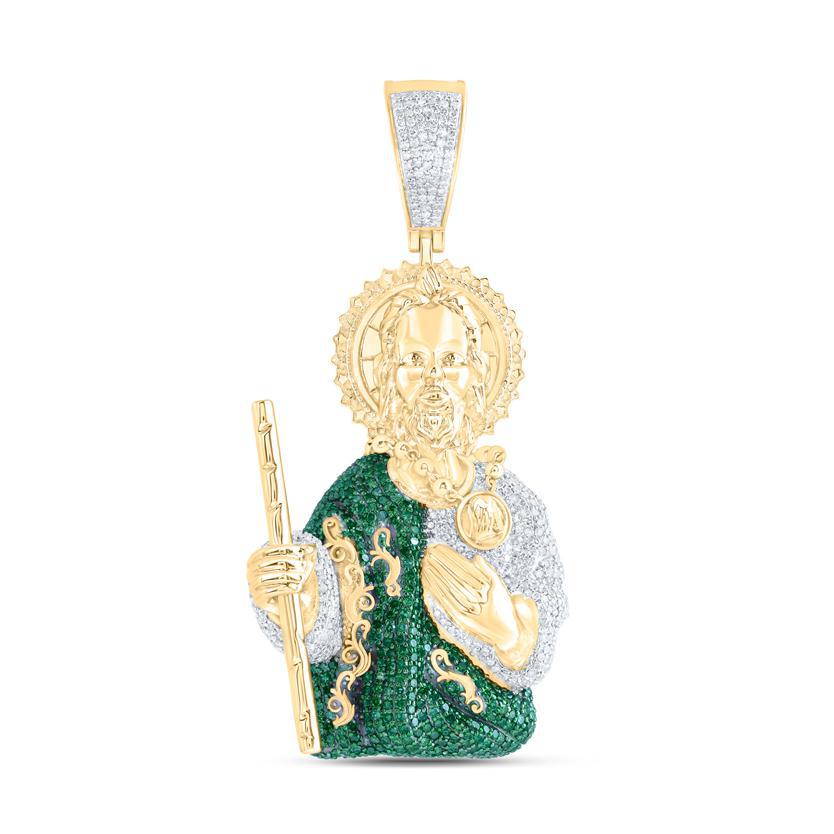 3.5ctw Natural Emerald 2.75ctw Diamond Jude Charm Pendant 10K Yellow Gold Mens