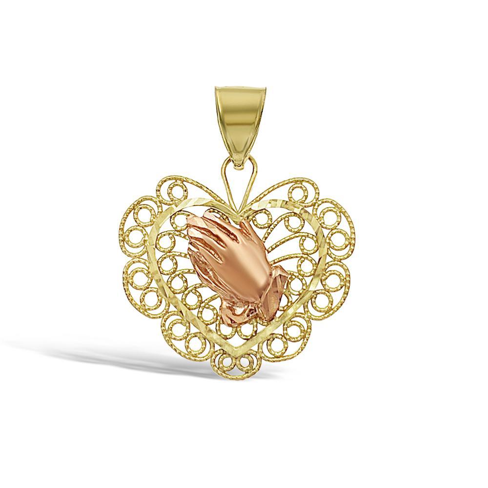 Praying Hands Heart Pendant 10k Yellow Rose Gold Charm 1.3"