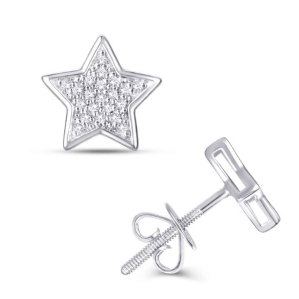 Diamond Stud Star Earrings 10k White Gold Screw Back