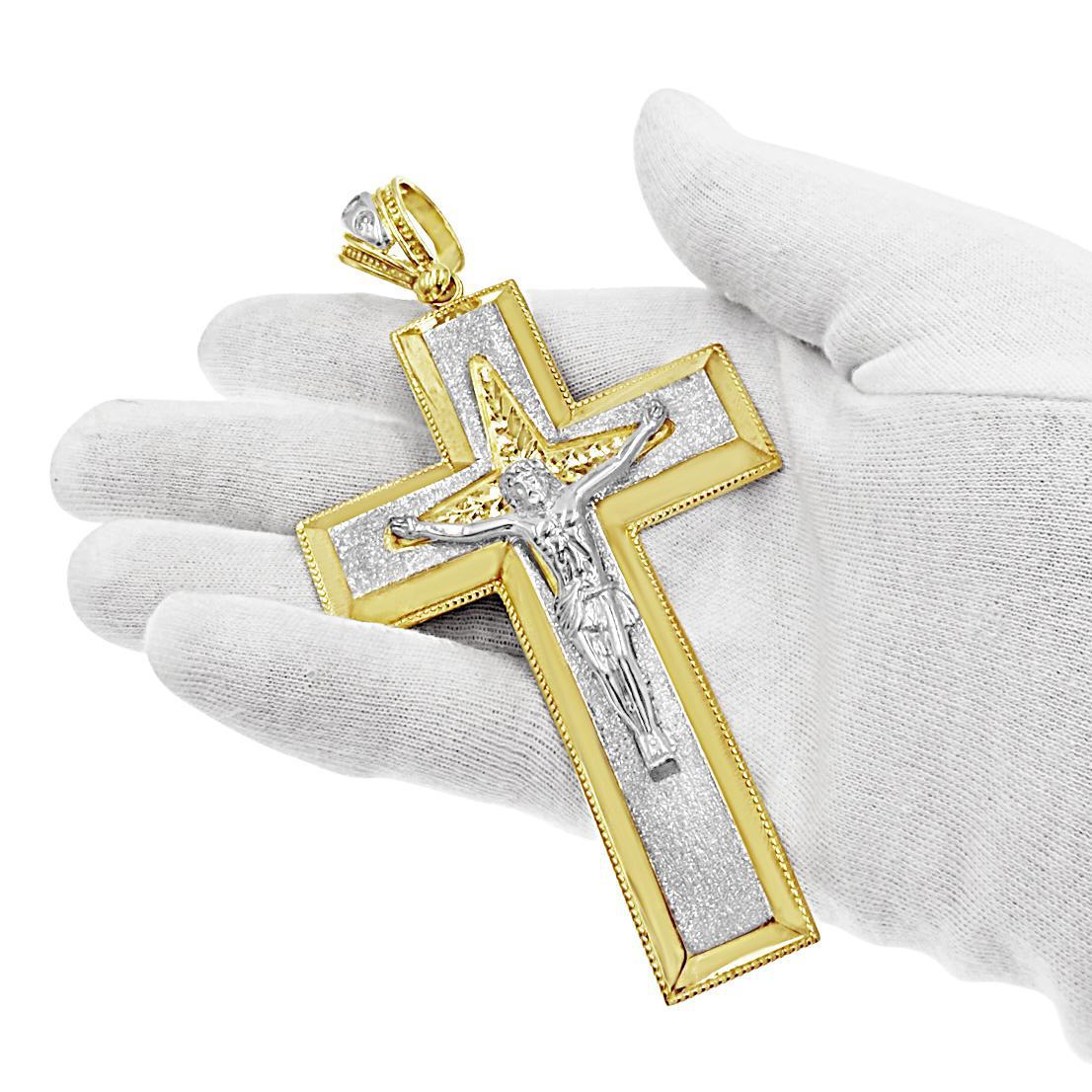 10k Two Tone Gold Large Cross Crucifix Mens Pendant