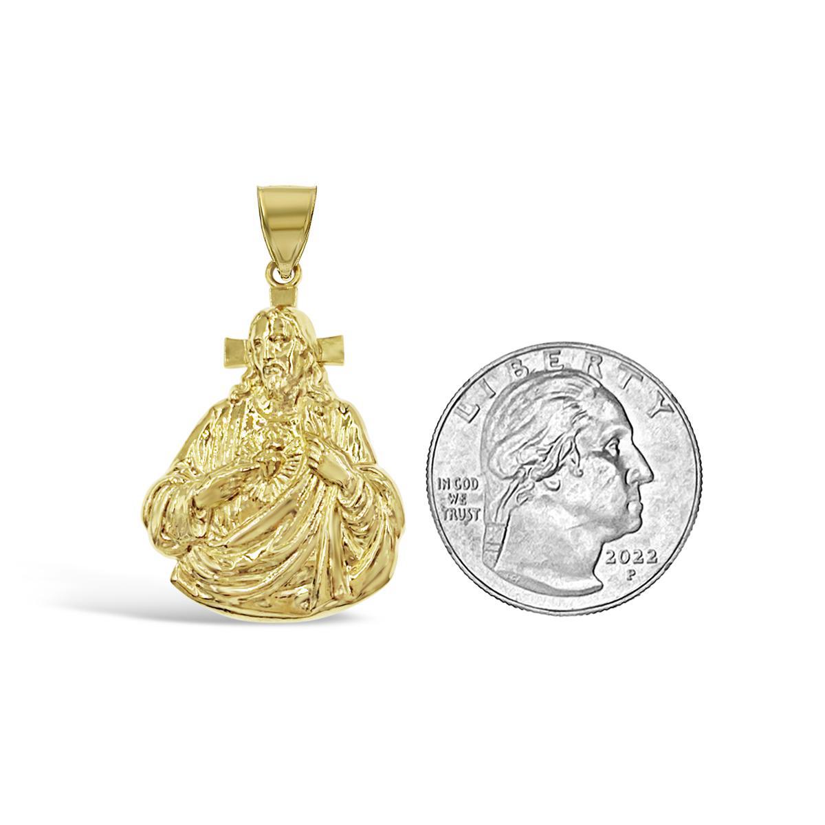 Sacred Heart Jesus Cross Pendant 10K Yellow Gold Religious Charm 1.5 inch