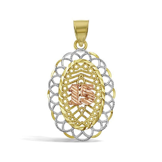 10k Gold Quinceanera 15 Anos Birthday Pendant Charm 1.3"