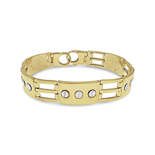 10k Yellow Gold 12.7mm Mens Two Tone Railroad Style Bracelet with Screw Head
