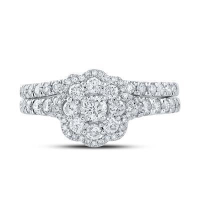 1 Cttw Round Diamond Flower Cluster Bridal Wedding Ring Band Set 10k White Gold