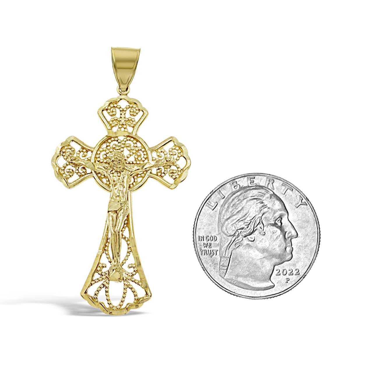 Jesus Crucifix Cross Pendant Mens Charm 10k Yellow Gold 1.9 inch 1