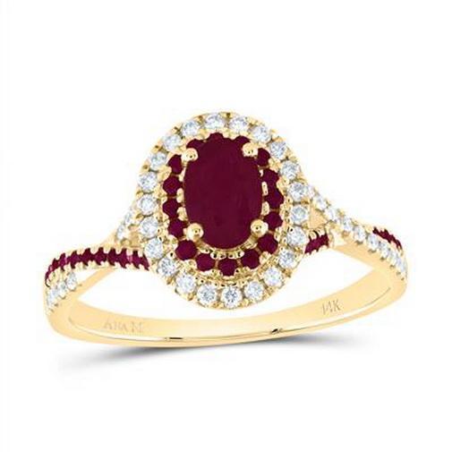 0.8ctw Oval Ruby Diamond 0.2ctw 14K Yellow Gold Double Halo Ring Crossover