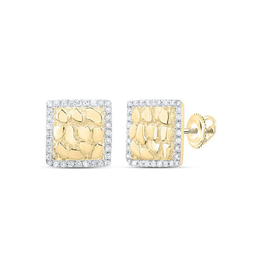 Diamond Nuggets Square Shape Stud Earrings 10k Yellow Gold Mens Screw Back