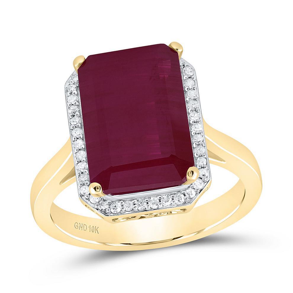 Natural Diamond & Simulated Ruby Emerald Cut Halo 10k Yellow Gold Ring