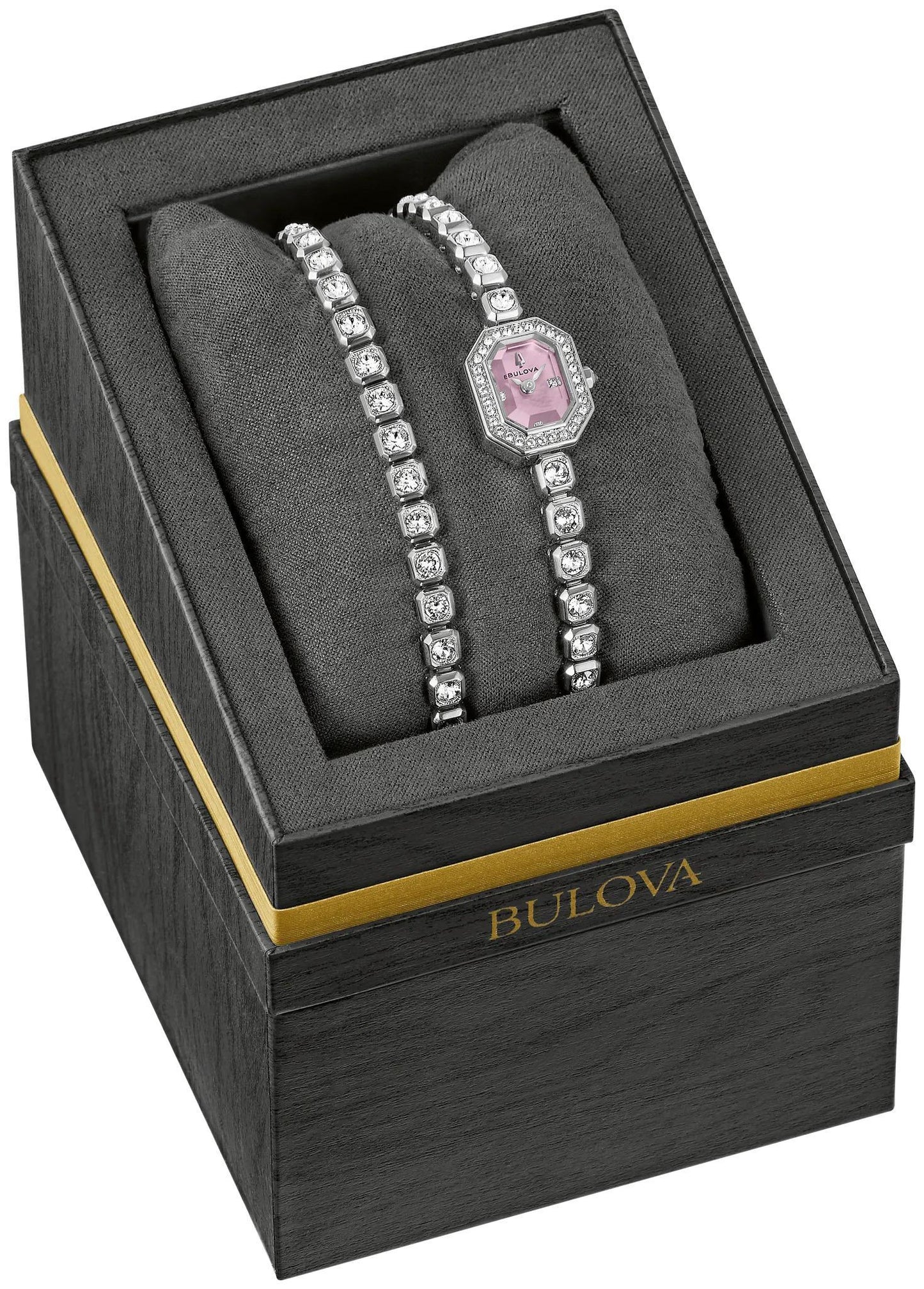 Bulova Crystal Box Set Pink Mother of Pearl Dial Womens Octagon Watch 96X168