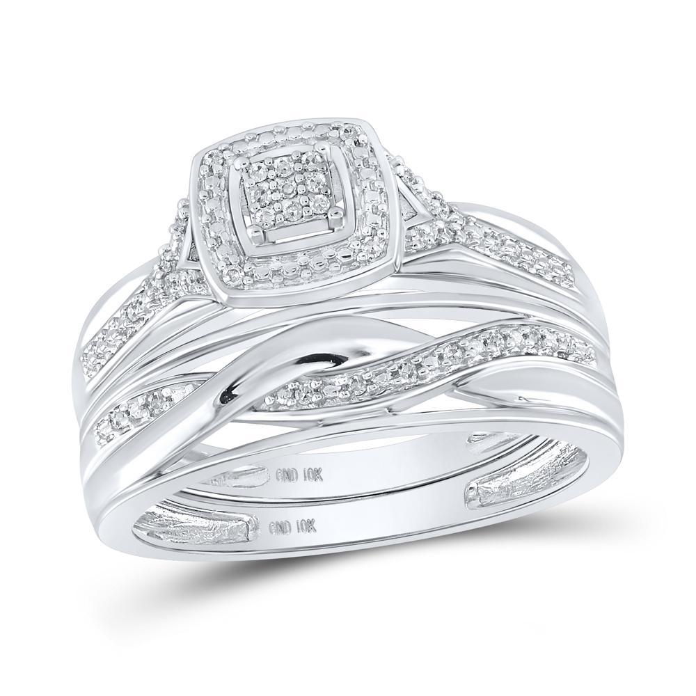 Diamond Trio Wedding His Hers Set Ring Cushion Shape Twisted Band 10k White Gold