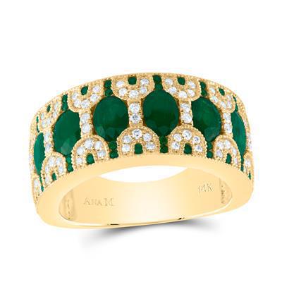 14K Yellow Gold Emerald & Diamond Wide Band Ring