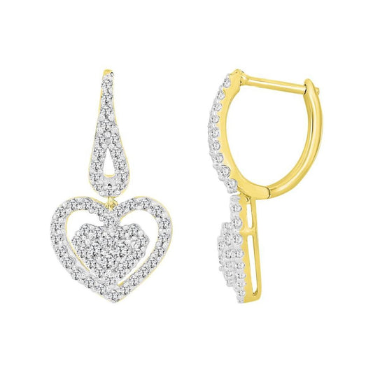 0.75cttw Round Diamond Double Heart Hoop Drop Huggie Earrings 10k Yellow Gold