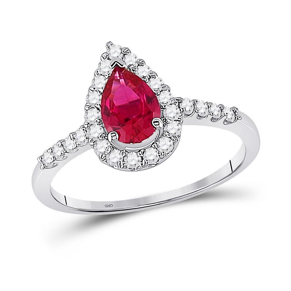 1.20Cttw Pear Lab Created Ruby Solitaire & Natural Diamond Ring 10k White Gold